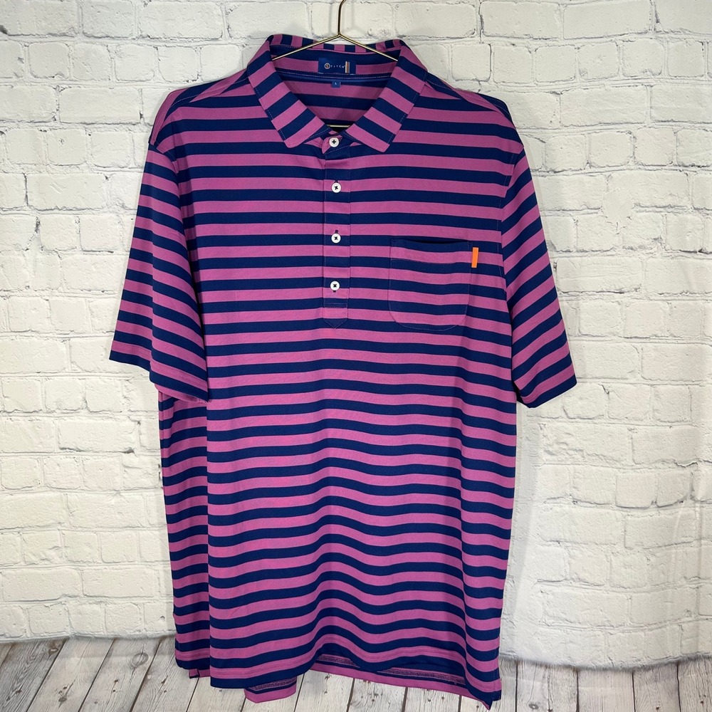 Stitch Golf Polo Shirt Mens Large Pink Navy Blue Striped Short Sleeve Trex Logo!
